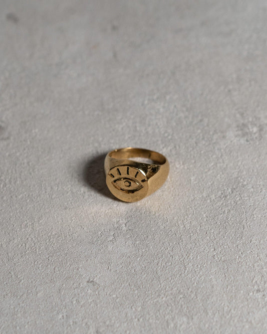 Goldener Siegelring mit Auge – Unisex Ring aus Messing | Ø 1,5 cm Siegel | Robuster Statement-Ring - RA9