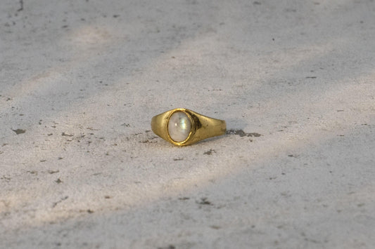 Mondstein Siegelring Gold Ovaler Edelstein 12x6mm Massives Messing Magisches Leuchten Wasserfester Boho Ring Vintage Naiza RSM2(Mon)
