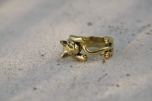 Katzenring, Messingring mit Katze, goldener Katzenring