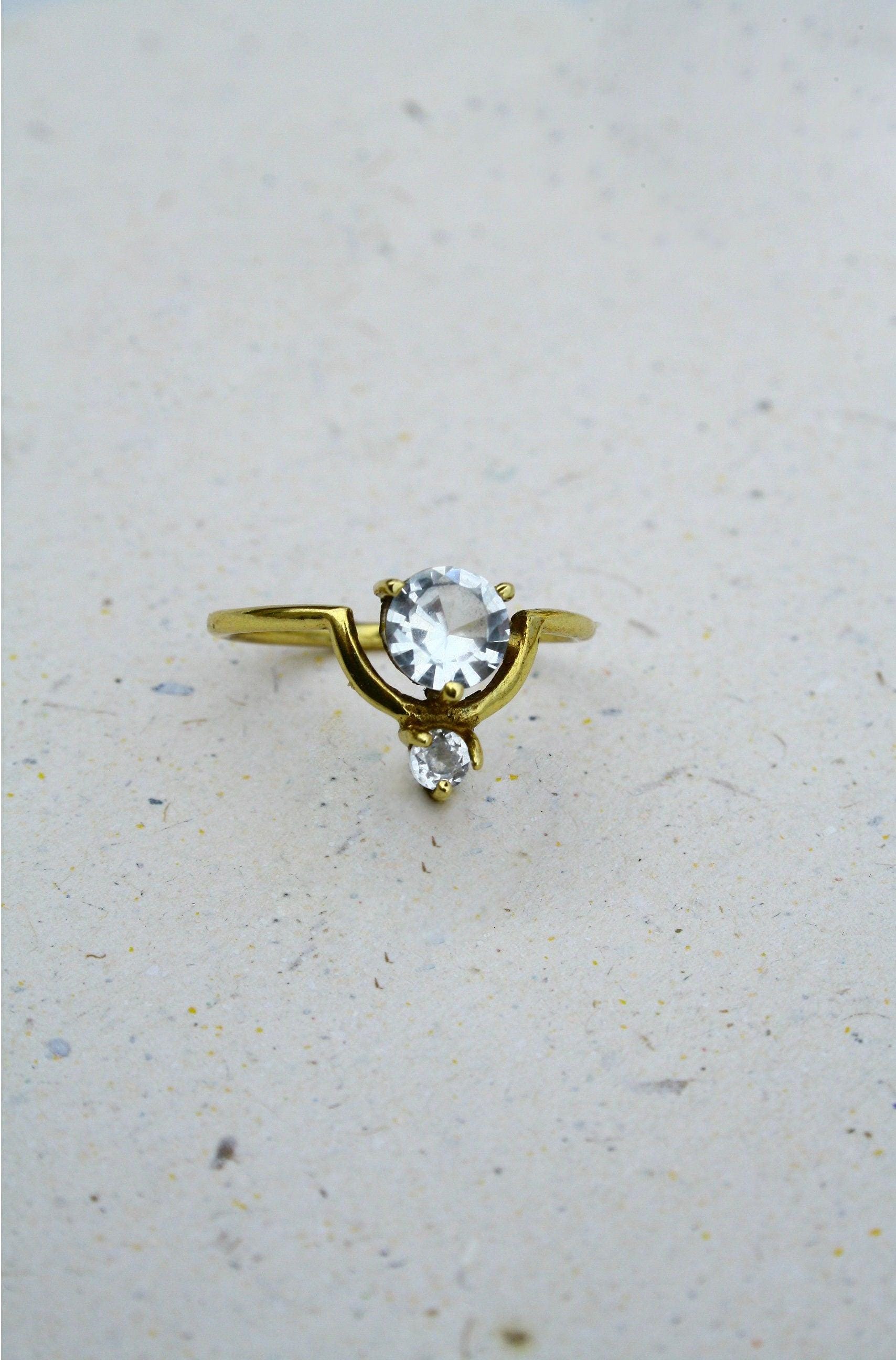 Doppelsteinring mit weißem Topas, Messingring mit Topas, edler Ring mit weißem Topas - RSM5