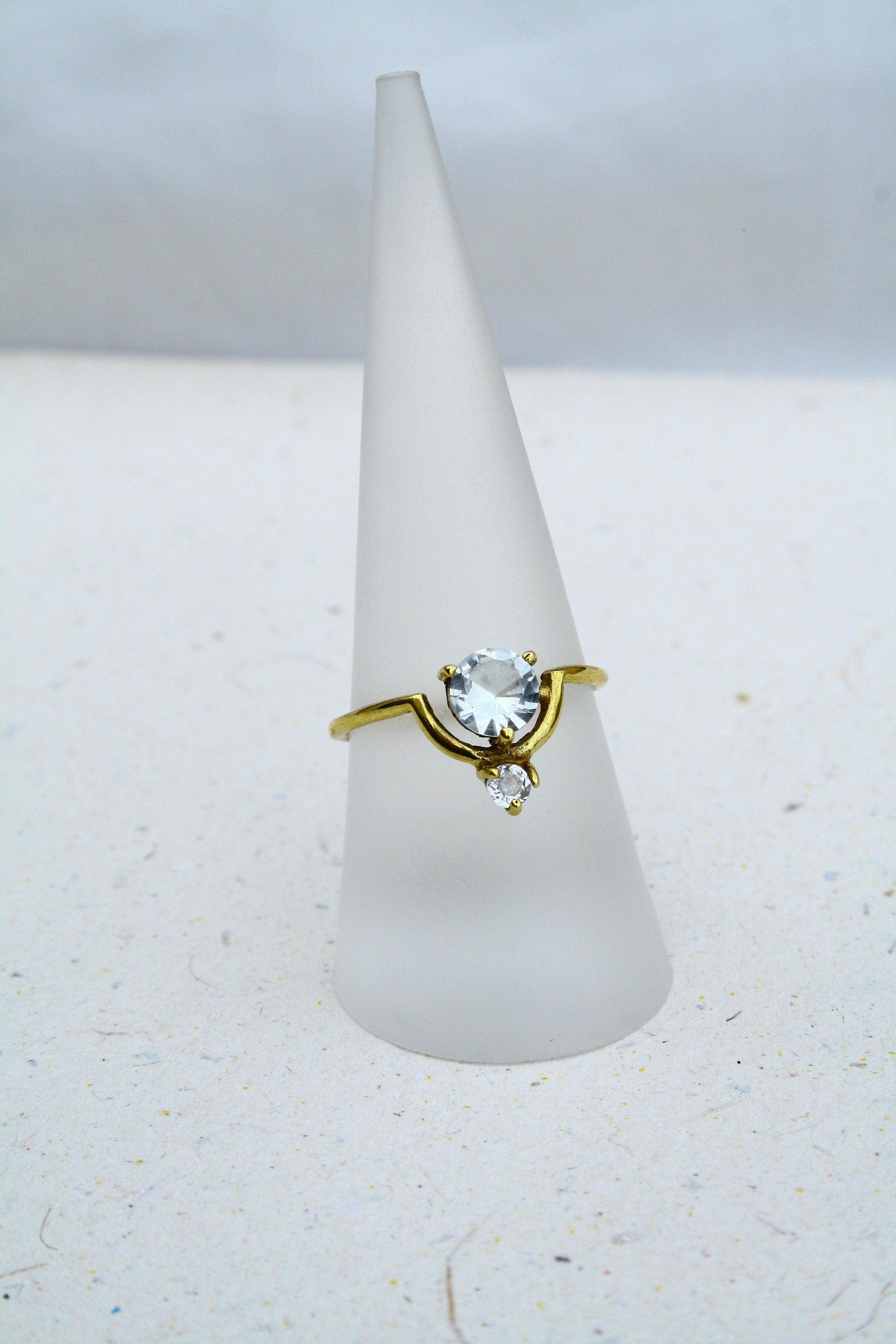 Doppelsteinring mit weißem Topas, Messingring mit Topas, edler Ring mit weißem Topas - RSM5