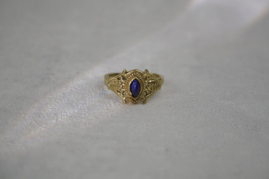 Lapis Lazuli Ring Gold - Filigraner Vintage Ring - Massives Messing - Königsblauer Edelstein 7x4mm - Antik Look - Wasserfest - Naiza - RSS4
