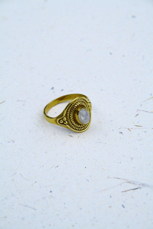 Mondsteinring aus Messing, Ring mit Verzierung, Messingschmuck, Echtsteinring