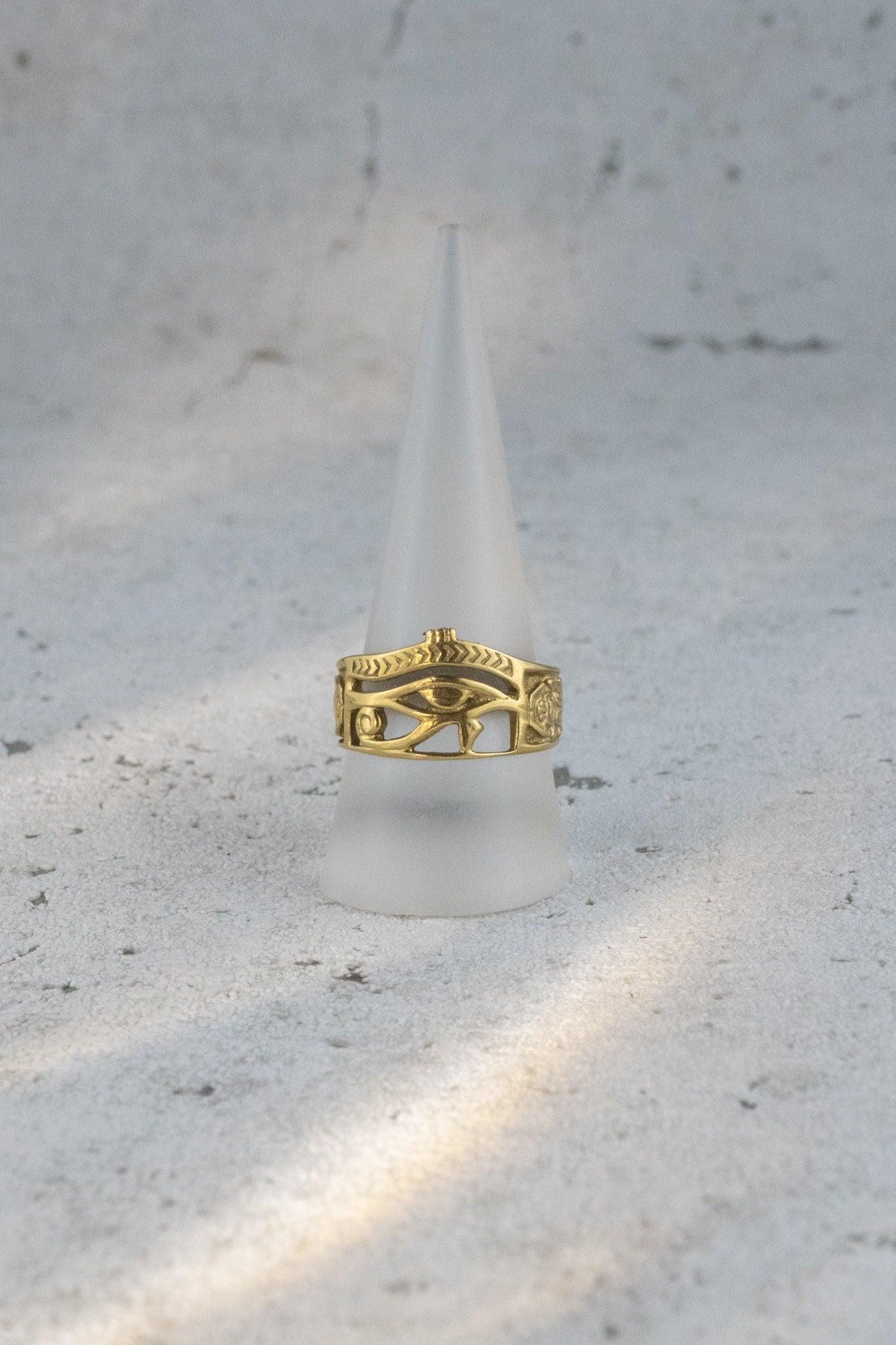 Symbolring mit Horusauge, Ankh & Skarabäus – Messing | Feine Handarbeit | Unisex - RA10/HO