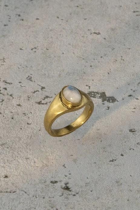 Mondstein Siegelring Gold Ovaler Edelstein 12x6mm Massives Messing Magisches Leuchten Wasserfester Boho Ring Vintage Naiza RSM2(Mon)