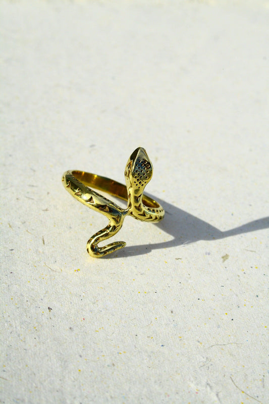 Goldfarbener Schlangenring aus Messing | Verstellbarer Snake Ring | Feiner Schlangenschmuck mit Details | Boho Vintage Statement Ring - RA1