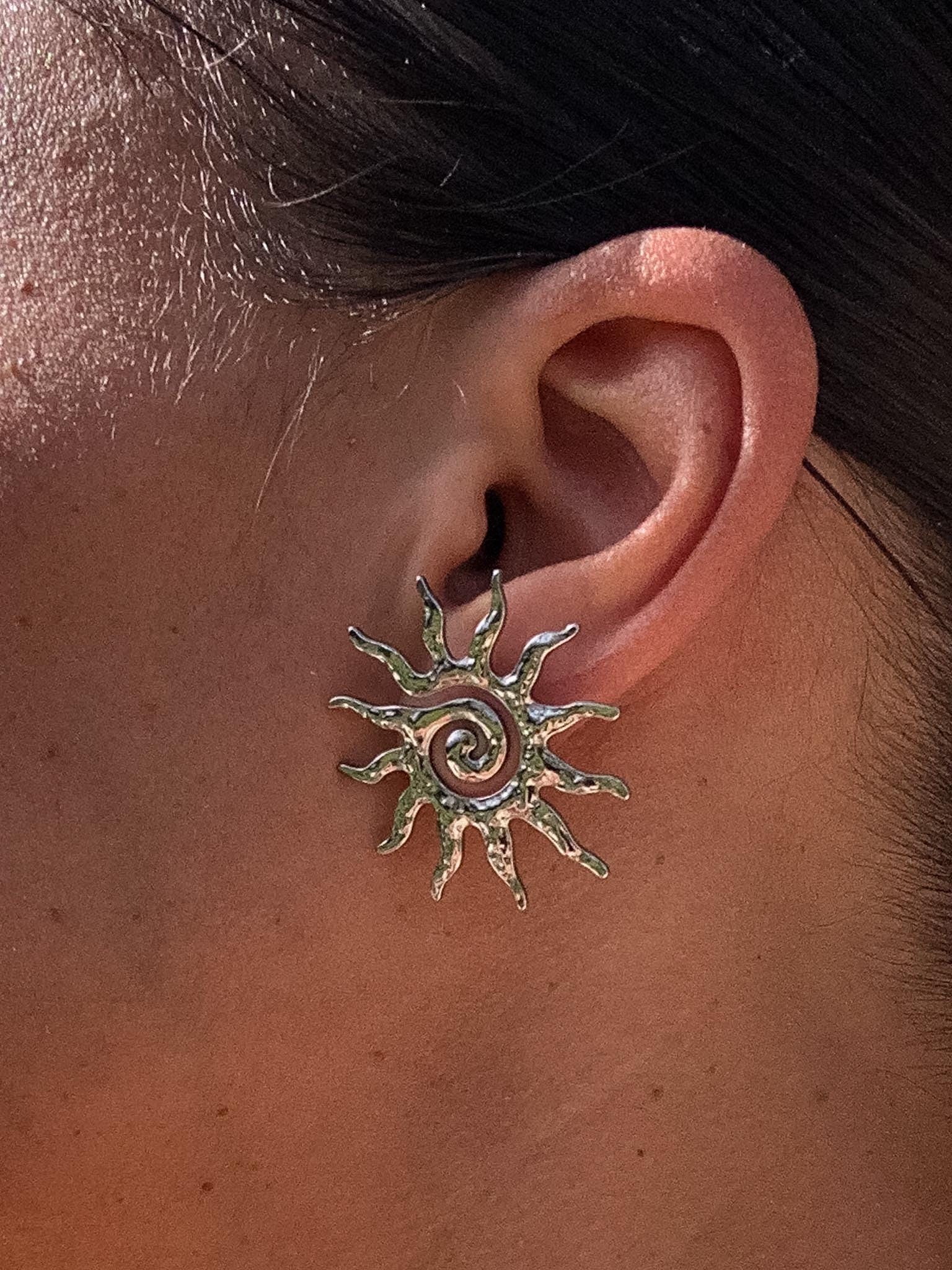 Sun Earrings Silver, Stainless Steel Sun Hoops, Lightweight Statement Earrings, Elegant Silver Earrings, Minimalist Waterproof Jewelry Gift