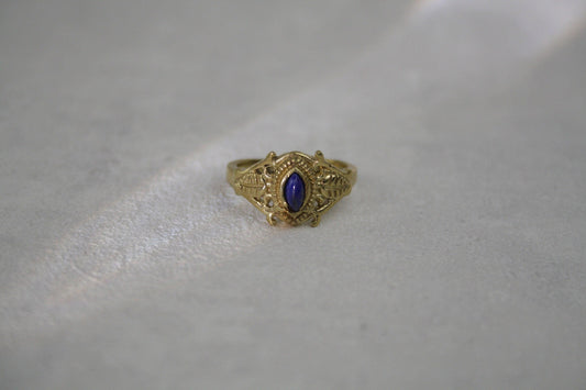 Lapis Lazuli Ring Gold - Filigraner Vintage Ring - Massives Messing - Königsblauer Edelstein 7x4mm - Antik Look - Wasserfest - Naiza - RSS4