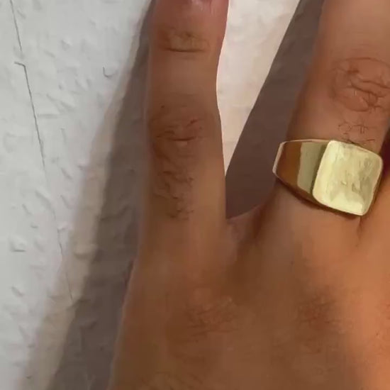 Massiver Siegelring Gold Herren | Viereckiger Messing Ring Unisex | Großer Statement Ring Damen | Siegelring Quadratisch Matt Gold - RC6