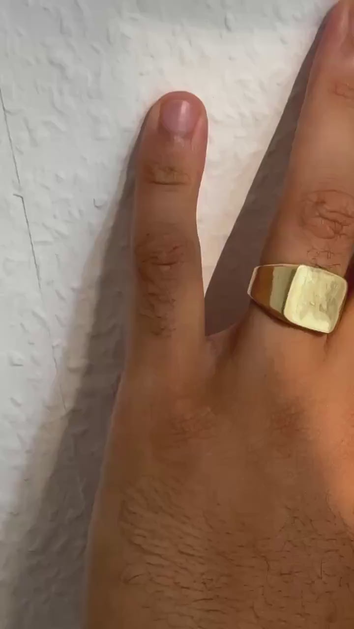 Massiver Siegelring Gold Herren | Viereckiger Messing Ring Unisex | Großer Statement Ring Damen | Siegelring Quadratisch Matt Gold - RC6
