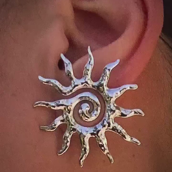 Sun Earrings Silver, Stainless Steel Sun Hoops, Lightweight Statement Earrings, Elegant Silver Earrings, Minimalist Waterproof Jewelry Gift