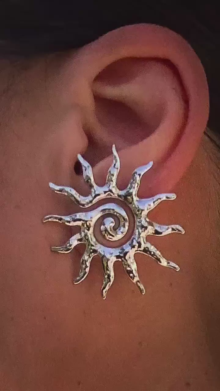 Sun Earrings Silver, Stainless Steel Sun Hoops, Lightweight Statement Earrings, Elegant Silver Earrings, Minimalist Waterproof Jewelry Gift